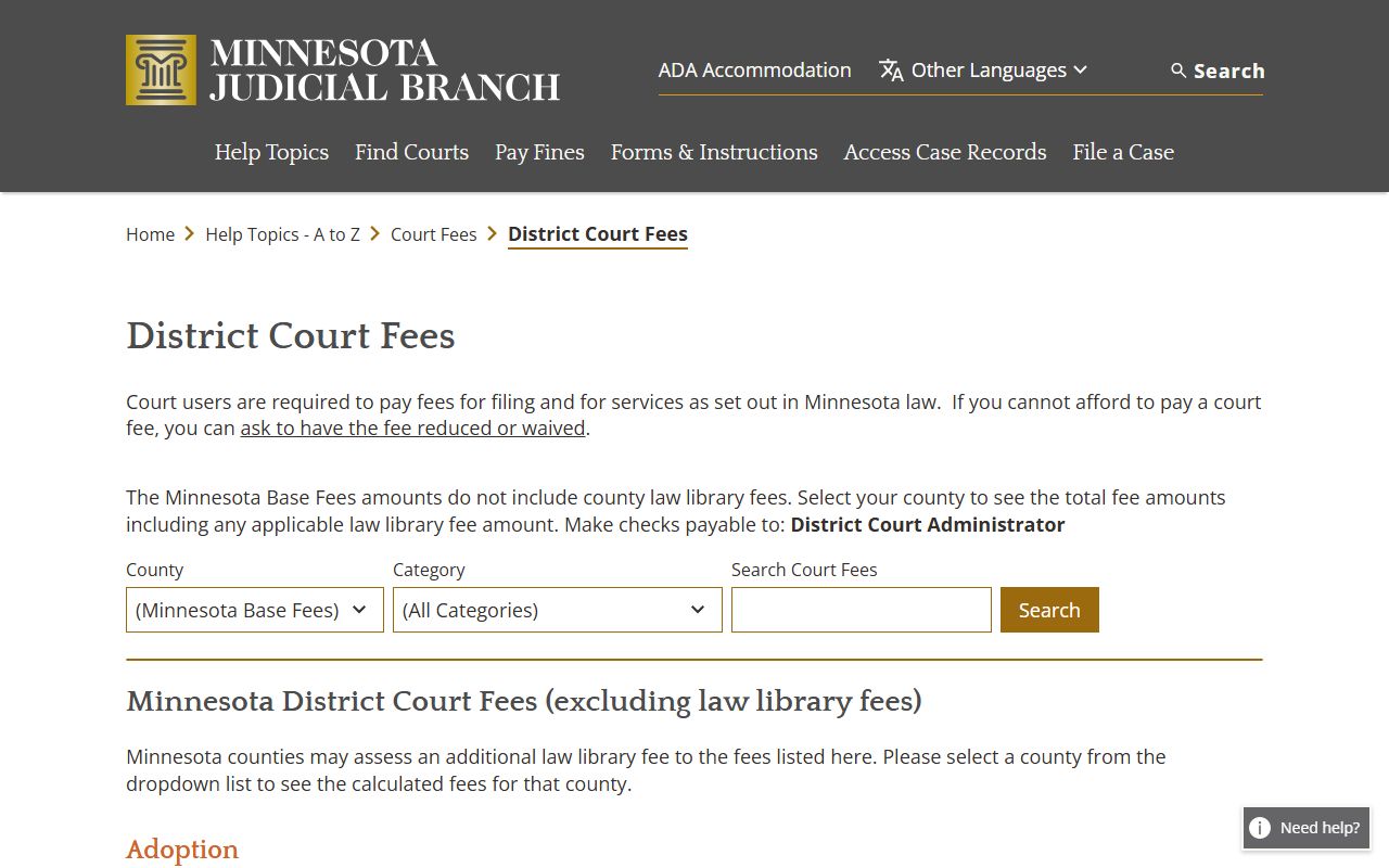 Blue Earth County court records district court fees and access