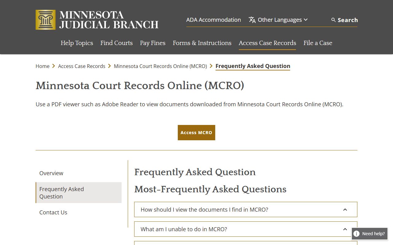 Blue Earth County court records MCRO FAQ access limits