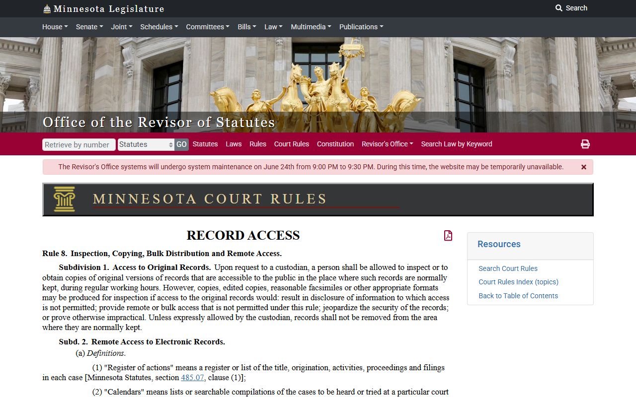 Blue Earth County court records Rule 8 remote access limits