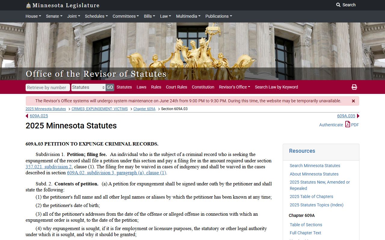Blue Earth County criminal court records expungement petition procedure