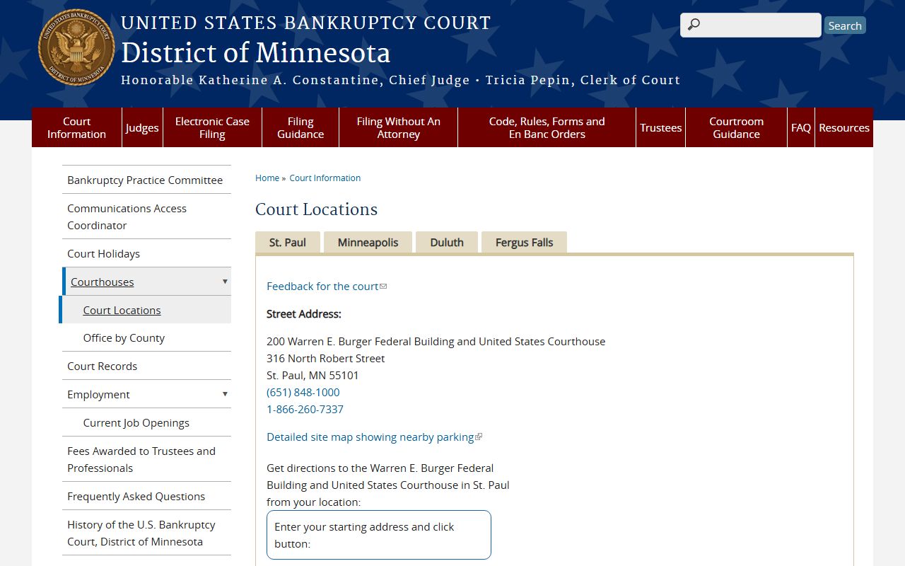 Blue Earth County District Court records and federal bankruptcy court locations