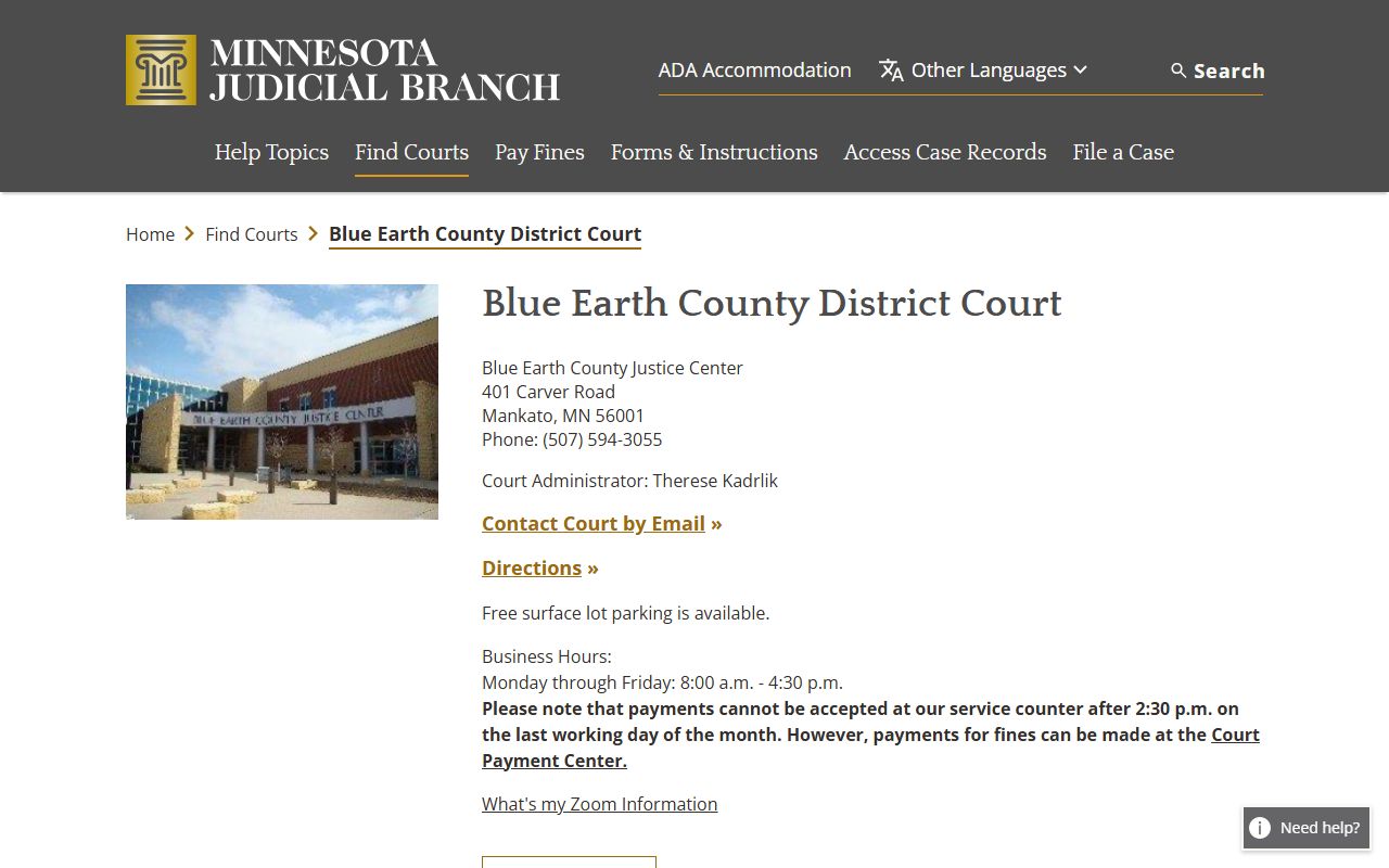 Blue Earth County court records District Court page