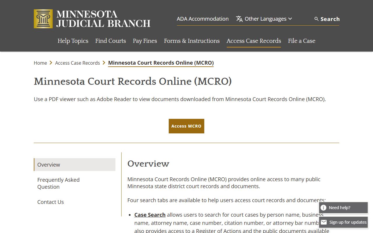 Blue Earth County court records MCRO overview