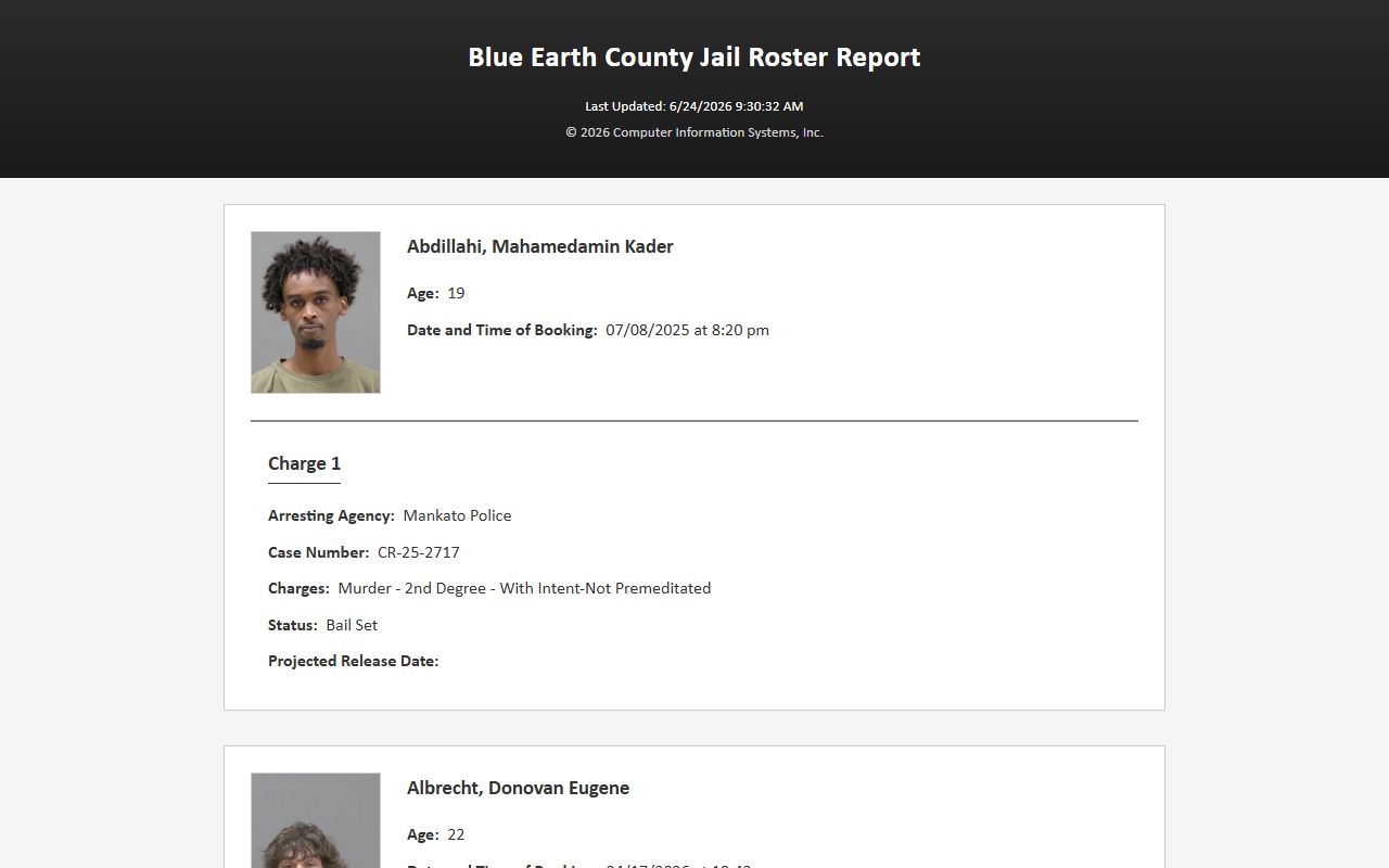 Blue Earth County inmate search jail roster report
