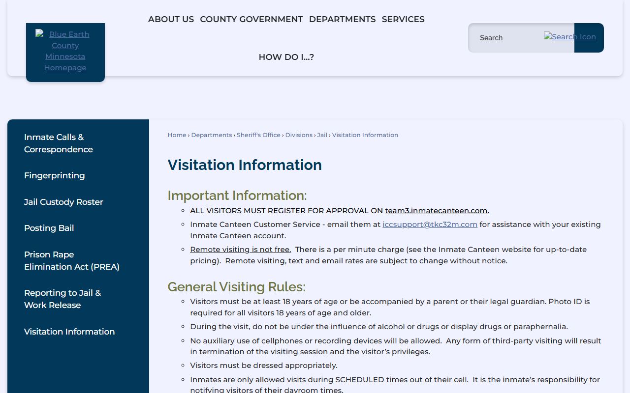 Blue Earth County inmate records jail visitation schedule