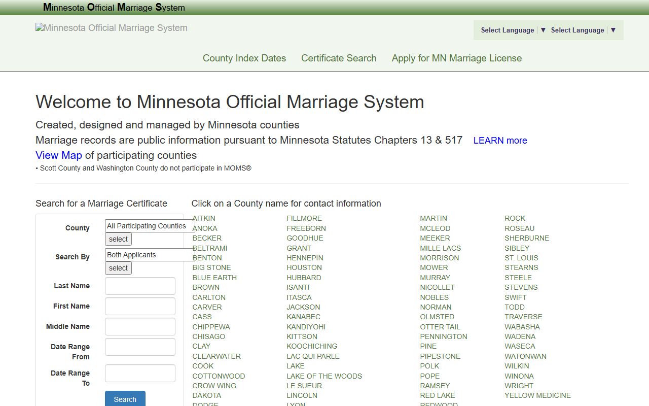 Blue Earth County marriage divorce records Minnesota Official Marriage System