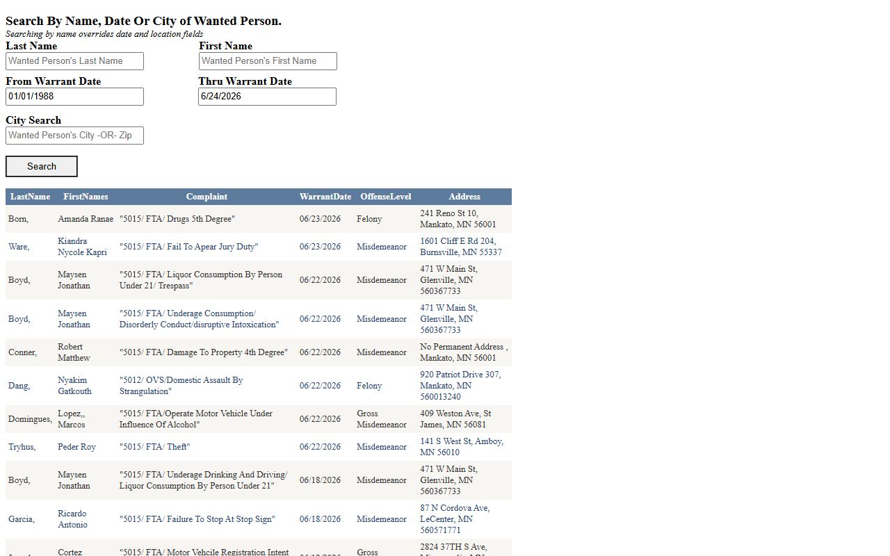 Blue Earth County warrant search active warrants database